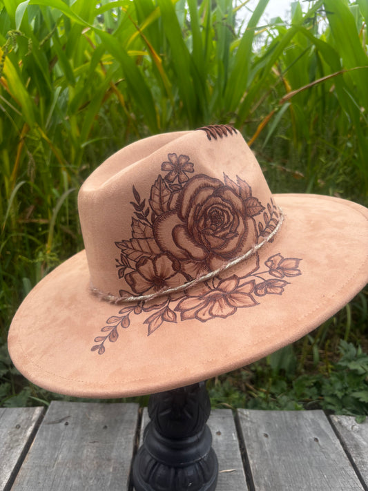 Floral Dream - hand burned wide brim fedora hat