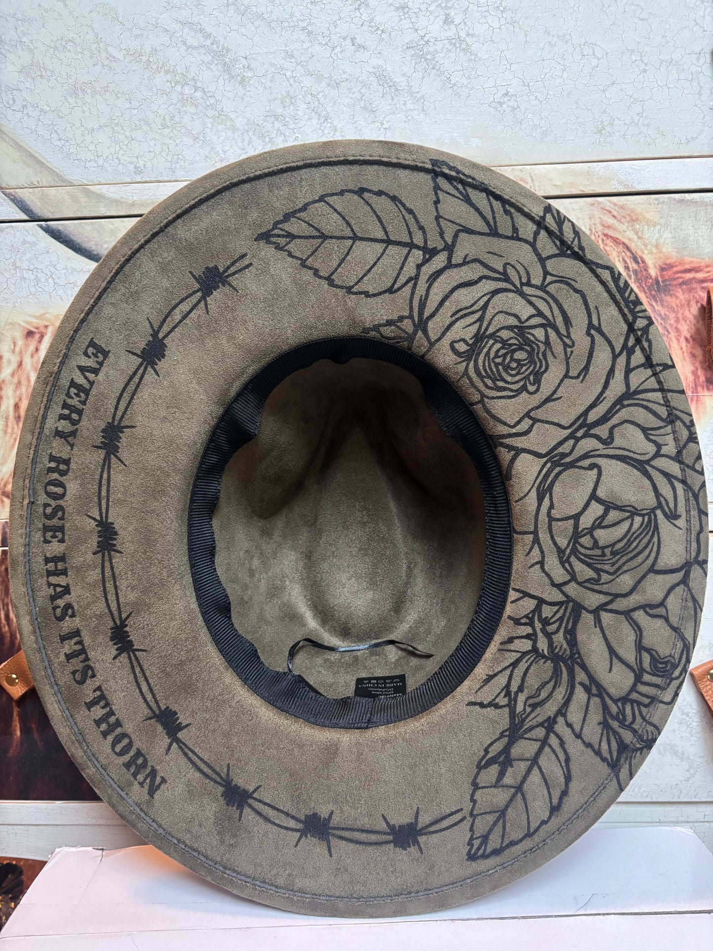 Every Rose Has It’s Thorn( on Olive Green) -wide brim fedora hat