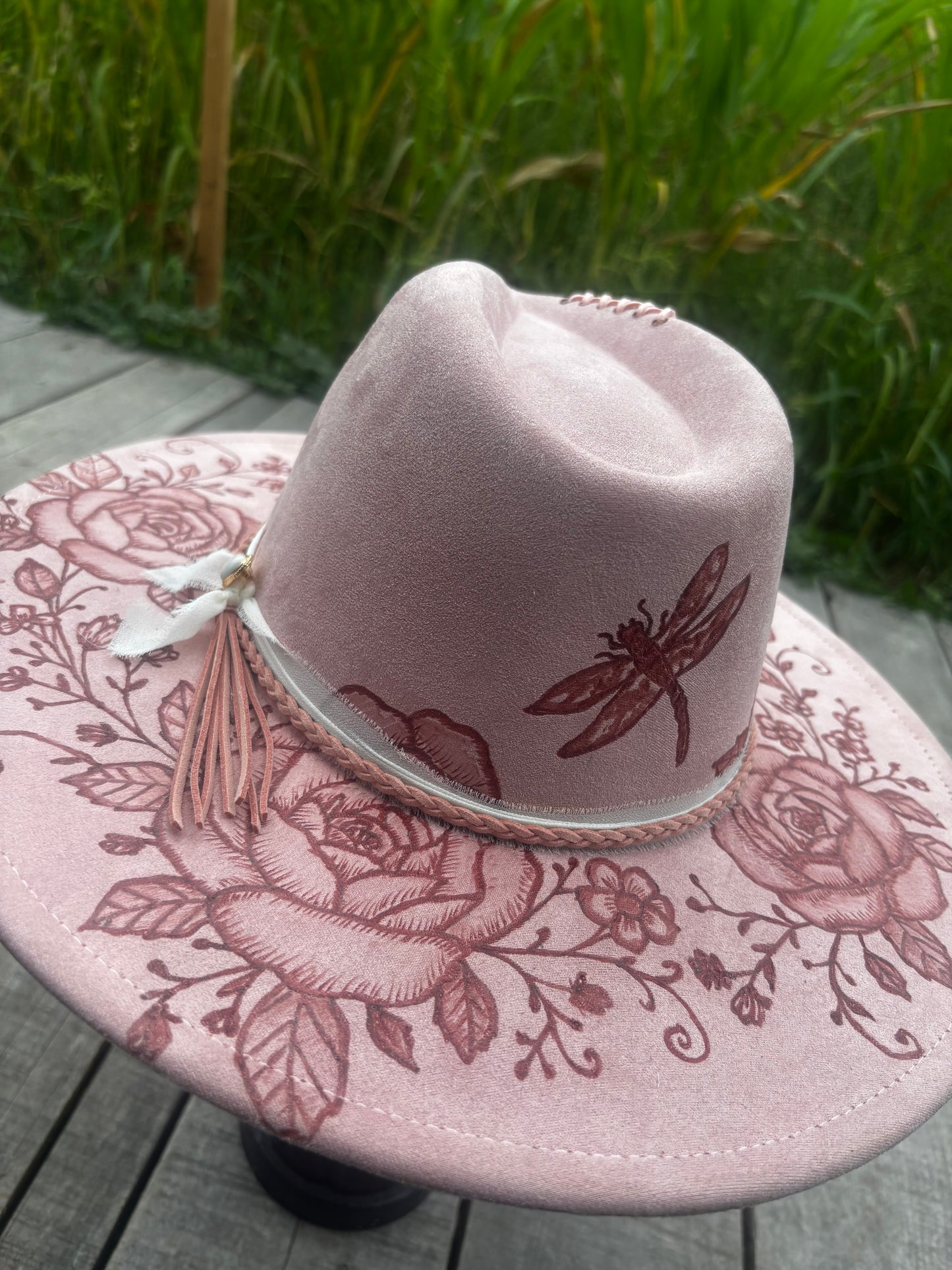 Dragonfly Darling - hand burned wide brim fedora hat