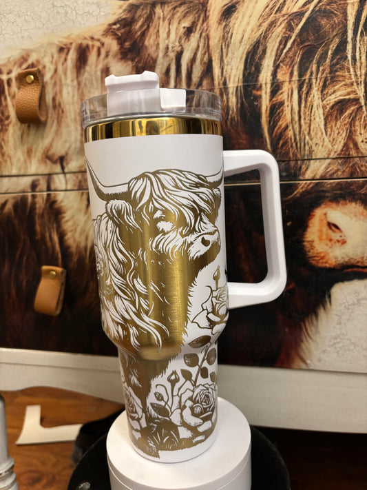 Highland Cow- 40oz white/gold laser engraved Tumbler
