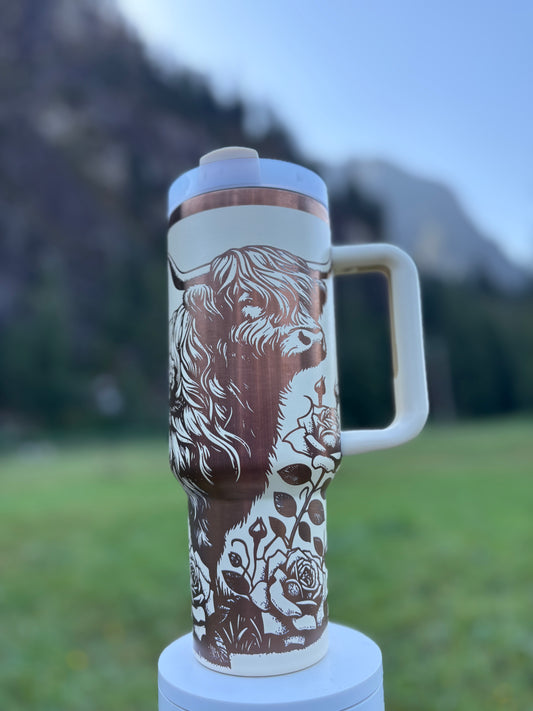 Highland Coo- 40oz white/copper laser engraved Tumbler