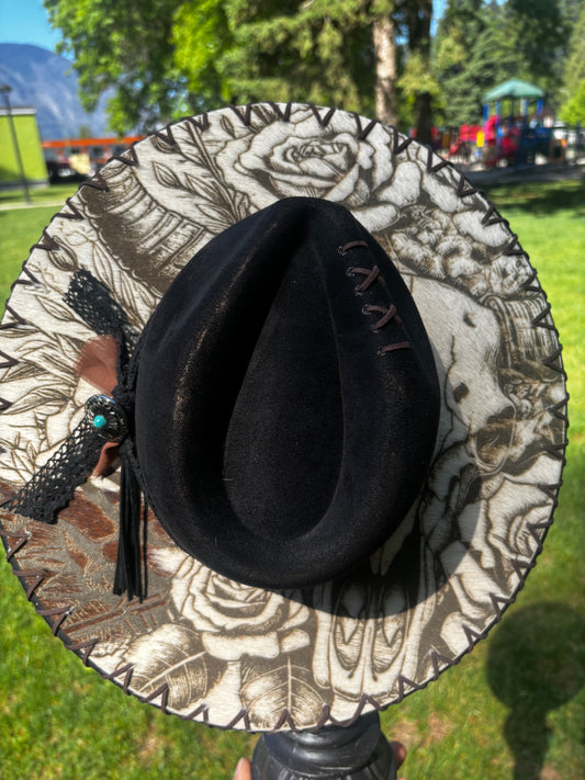 Wide Brim Fedora Hat - Longhorn Skull-  Engraved Cowhide