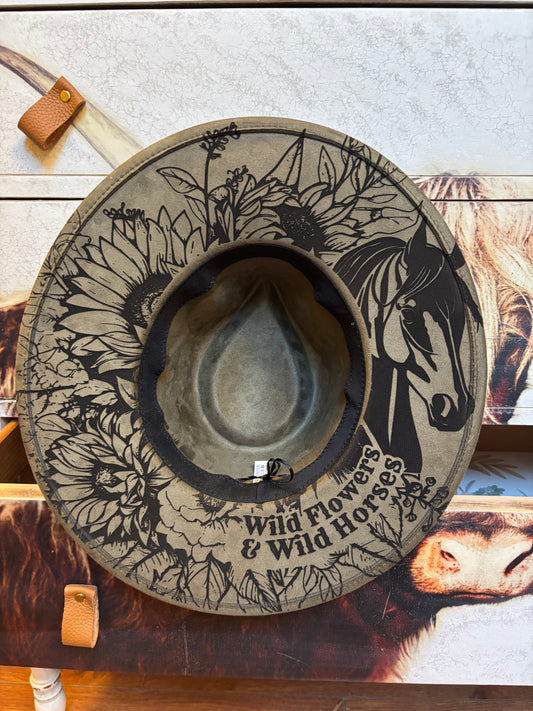 Wild Flowers & Wild Horses- wide brim fedora hat