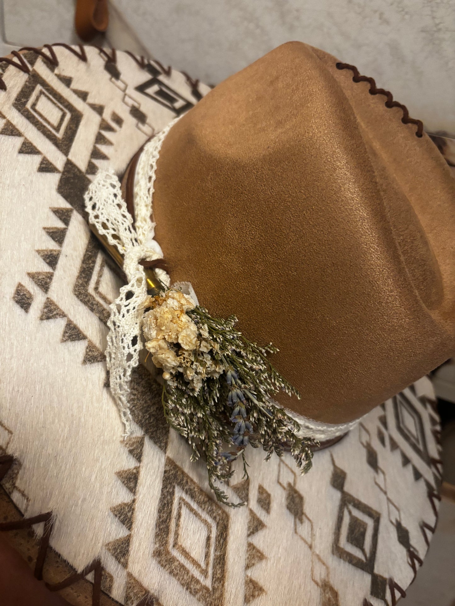 Wide Brim Fedora Hat - Aztec Longhorn Skull-  Engraved Cowhide
