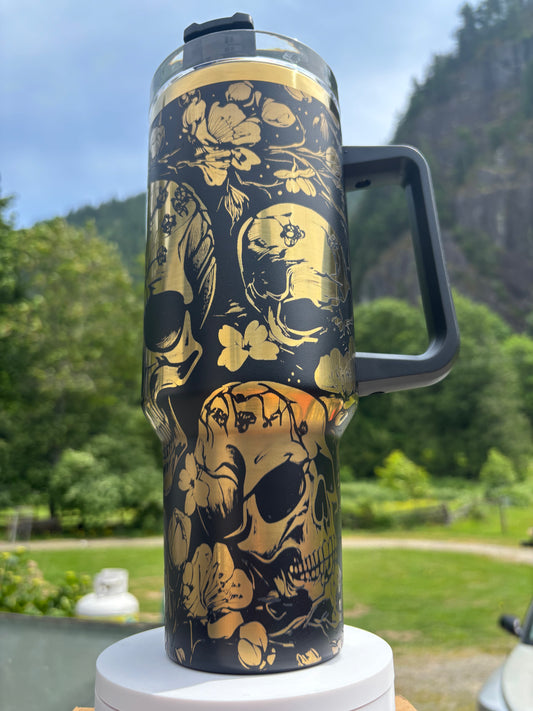 Skulls & Flowers- 40oz black/gold laser engraved Tumble