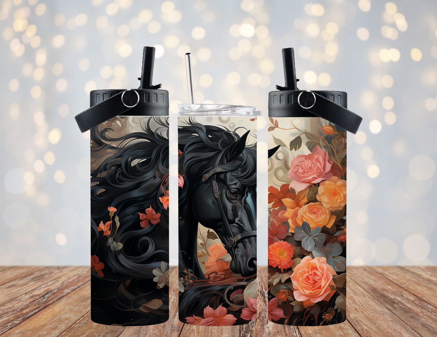 Horse - black floral 2 - 20oz Dual Lid Tumbler